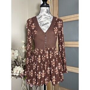 Ecote Brown Prairie Floral Romper XS Button Front Boho Cottagecore Corset Bodice